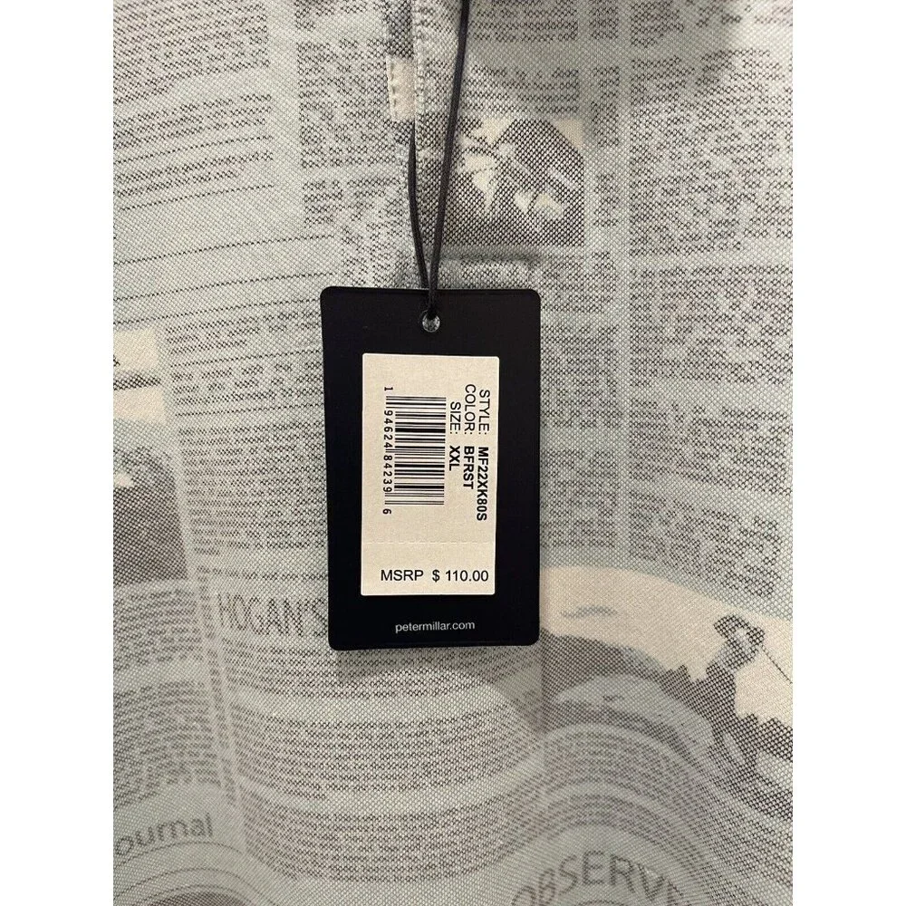 PETER MILLAR Size XXL Men's CROWN CRAFTED Polo Shirt Blue Frost Newspaper Print - Picture 4 of 7